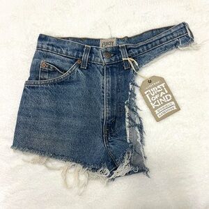 Furst of a Kind Upcycled Orange Tab Vintage Levi’s One Leg Denim Cutoffs Size S